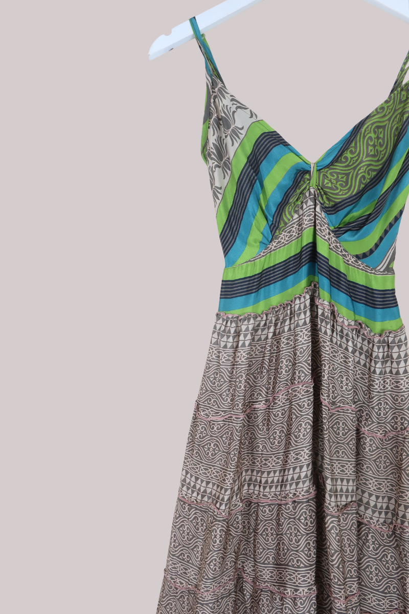 Delilah Recycled Sari Maxi Dress in Cool Brown & Lotus Green - Size XS