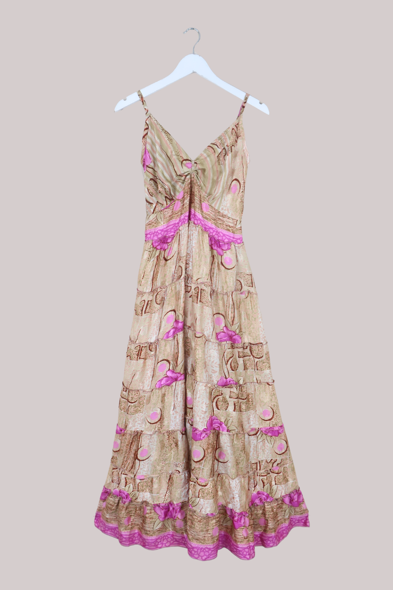 Delilah Recycled Sari Maxi Dress in Pink & Champagne Gold - Size S