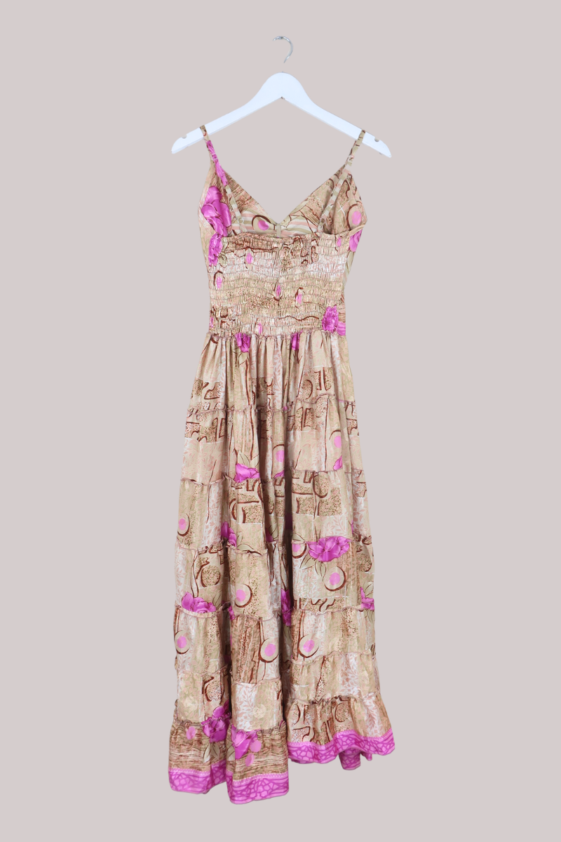 Delilah Recycled Sari Maxi Dress in Pink & Champagne Gold - Size S