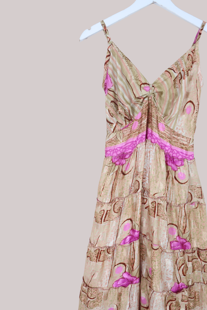 Delilah Recycled Sari Maxi Dress in Pink & Champagne Gold - Size S
