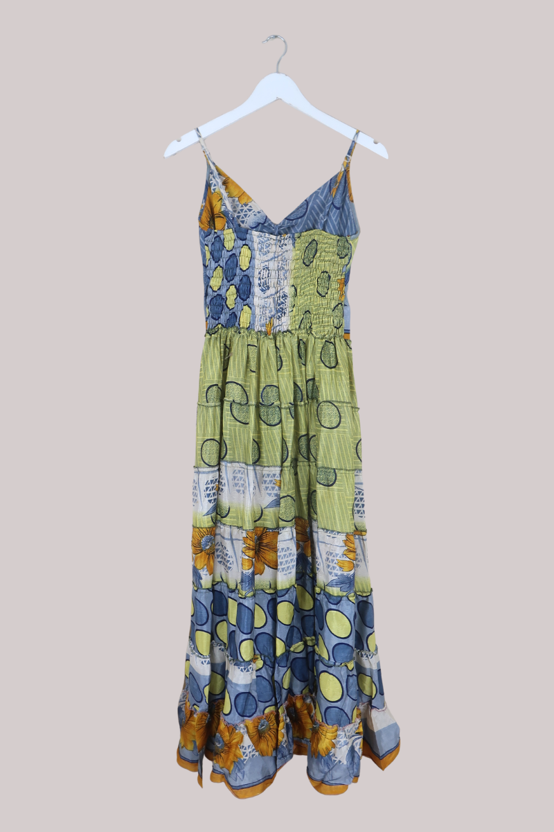 Delilah Recycled Sari Maxi Dress in Polka Dot Sunflowers - Size S