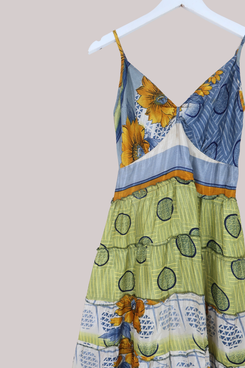 Delilah Recycled Sari Maxi Dress in Polka Dot Sunflowers - Size S