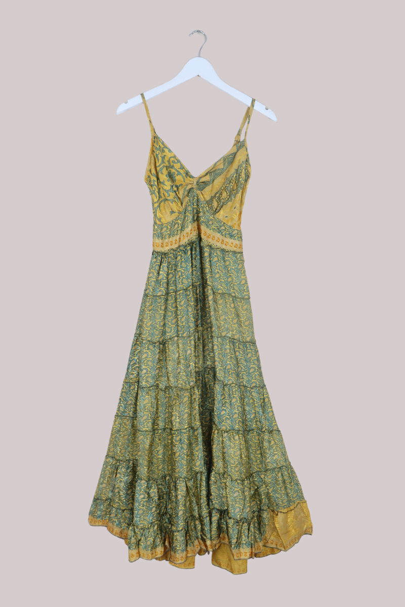 Delilah Recycled Sari Maxi Dress in Midas Gold Paisley - Size XS