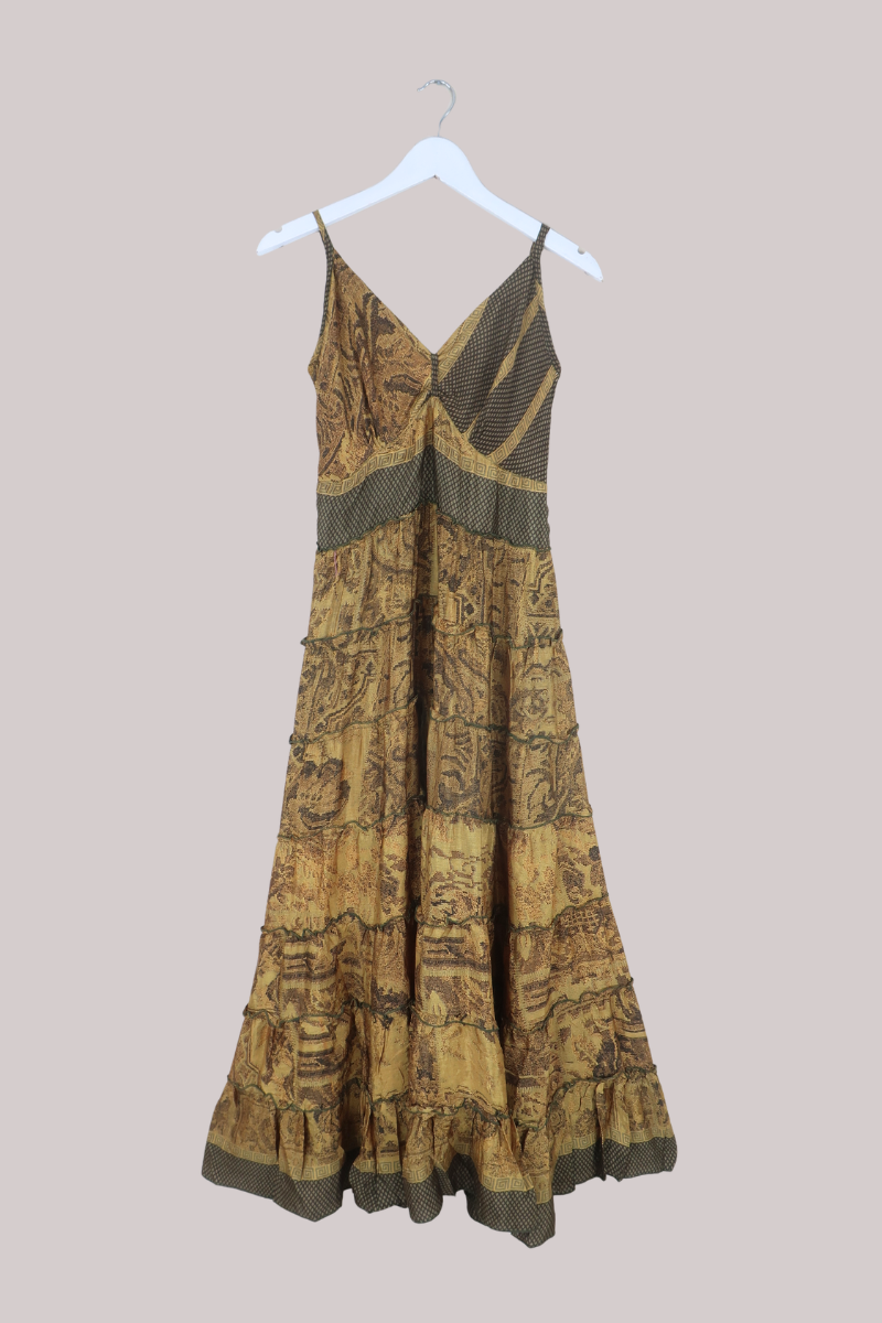 Delilah Recycled Sari Maxi Dress in Olive Snake Skin - Size XS