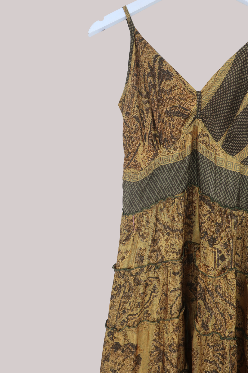 Delilah Recycled Sari Maxi Dress in Olive Snake Skin - Size XS