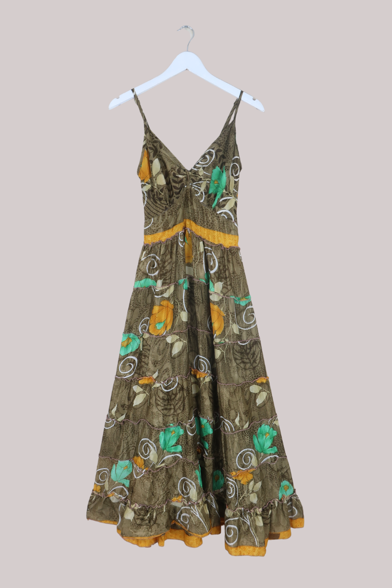 Delilah Recycled Sari Maxi Dress in Golden Taupe Florals - Size XS