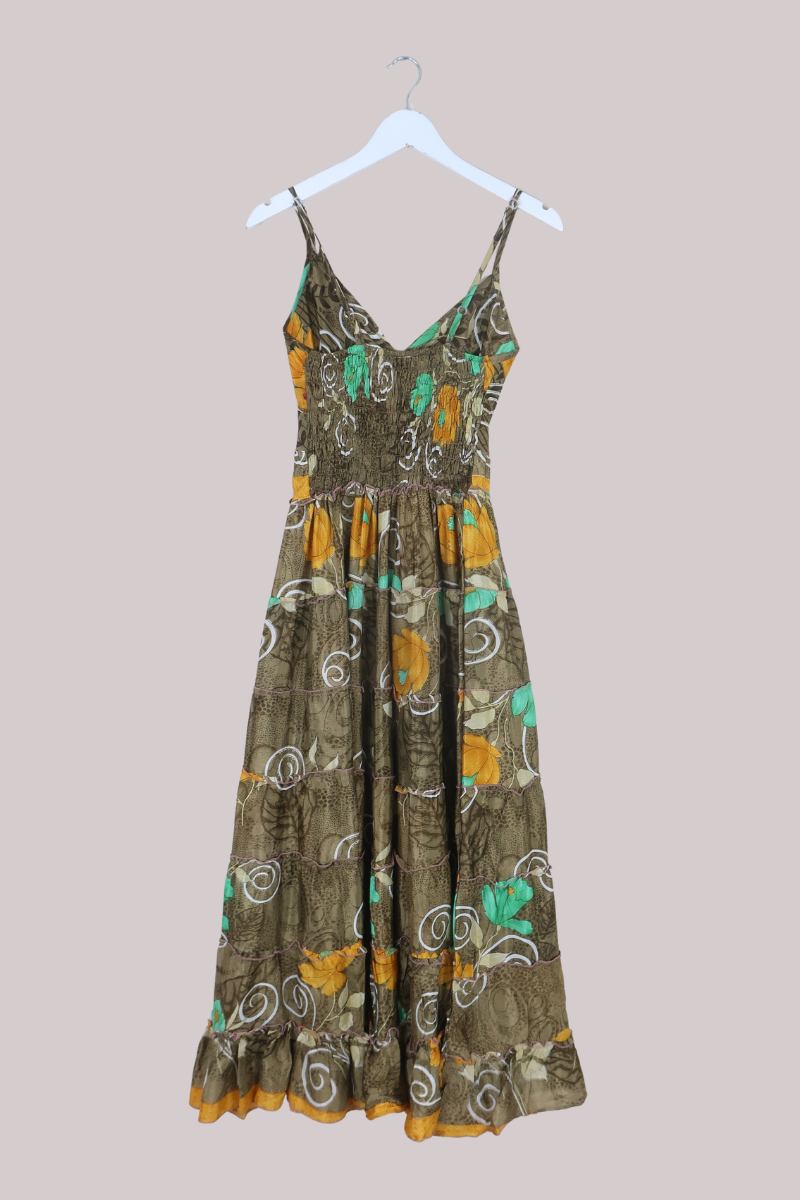Delilah Recycled Sari Maxi Dress in Golden Taupe Florals - Size XS