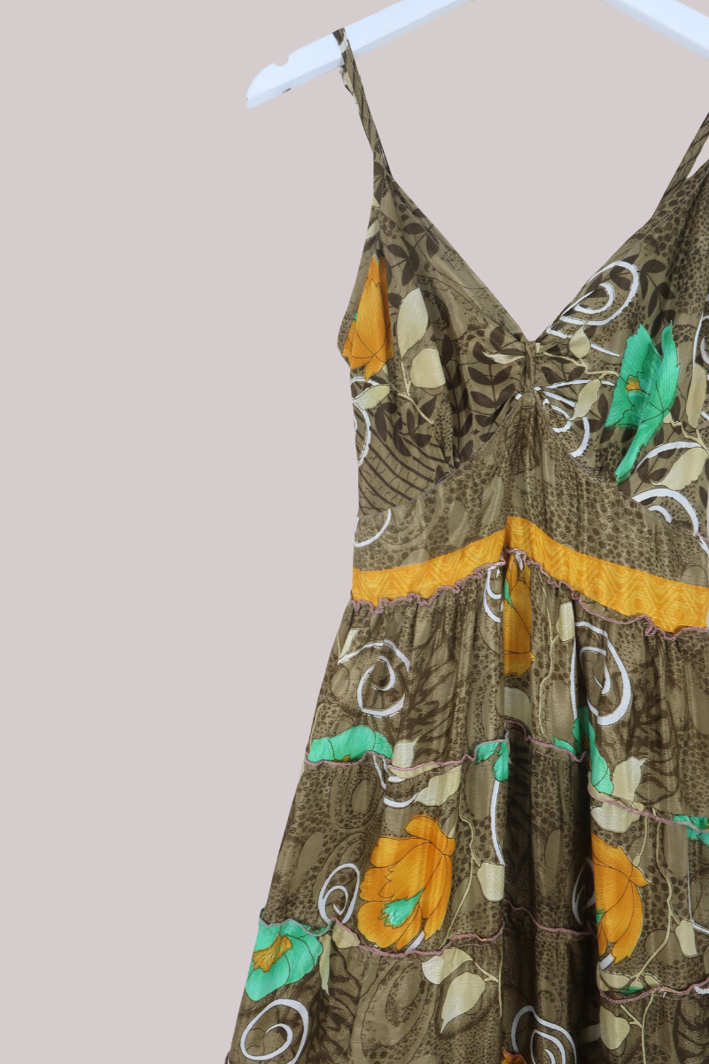 Delilah Recycled Sari Maxi Dress in Golden Taupe Florals - Size XS