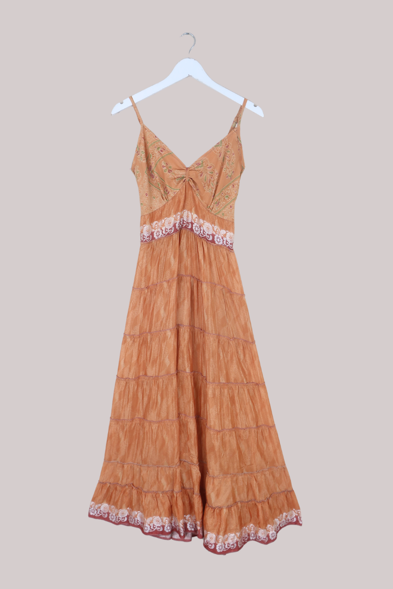 Delilah Recycled Sari Maxi Dress in Apricot Champagne Tapestry - Size S