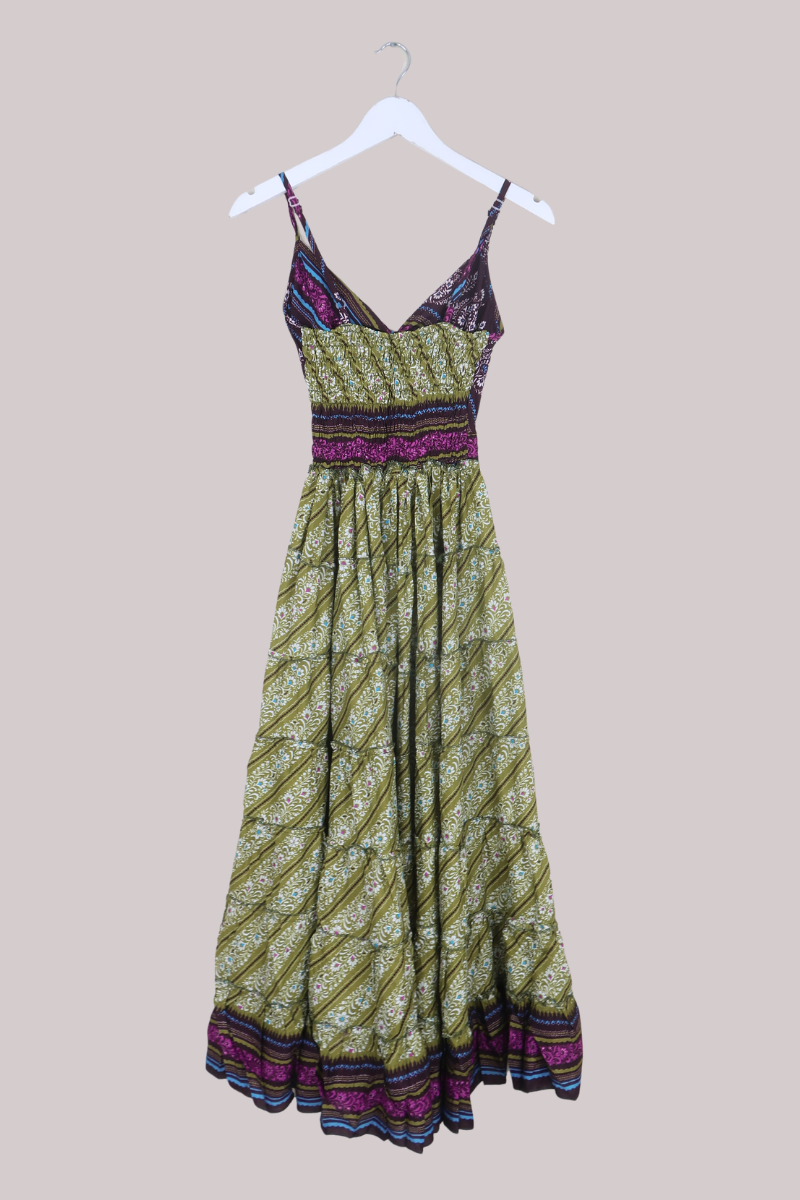 Delilah Recycled Sari Maxi Dress in Olive & Violet Florals - Size XS