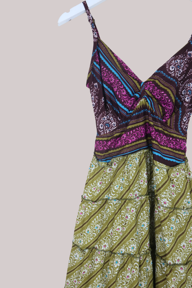 Delilah Recycled Sari Maxi Dress in Olive & Violet Florals - Size XS