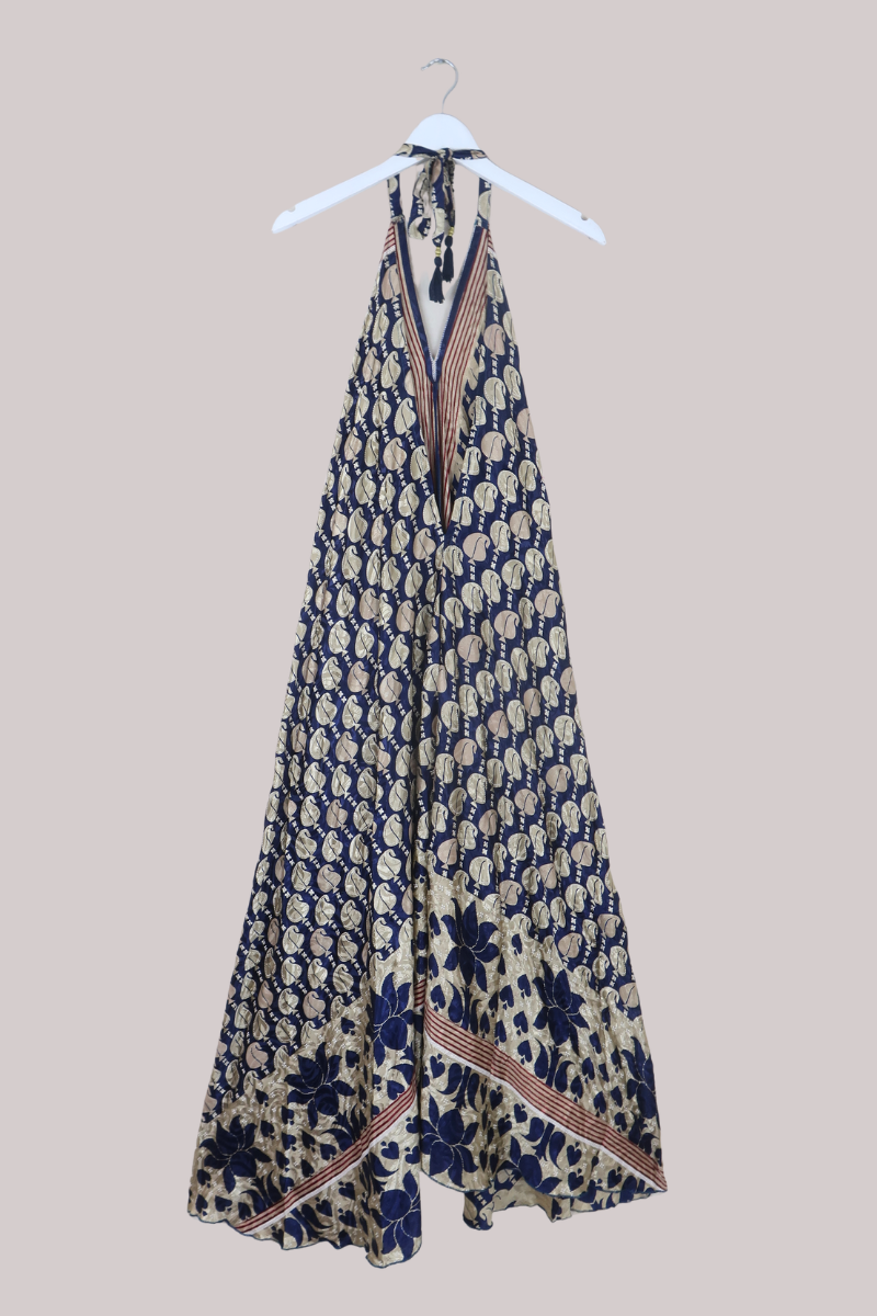Athena Recycled Sari Maxi Dress in Champagne & Navy - Free Size M/L