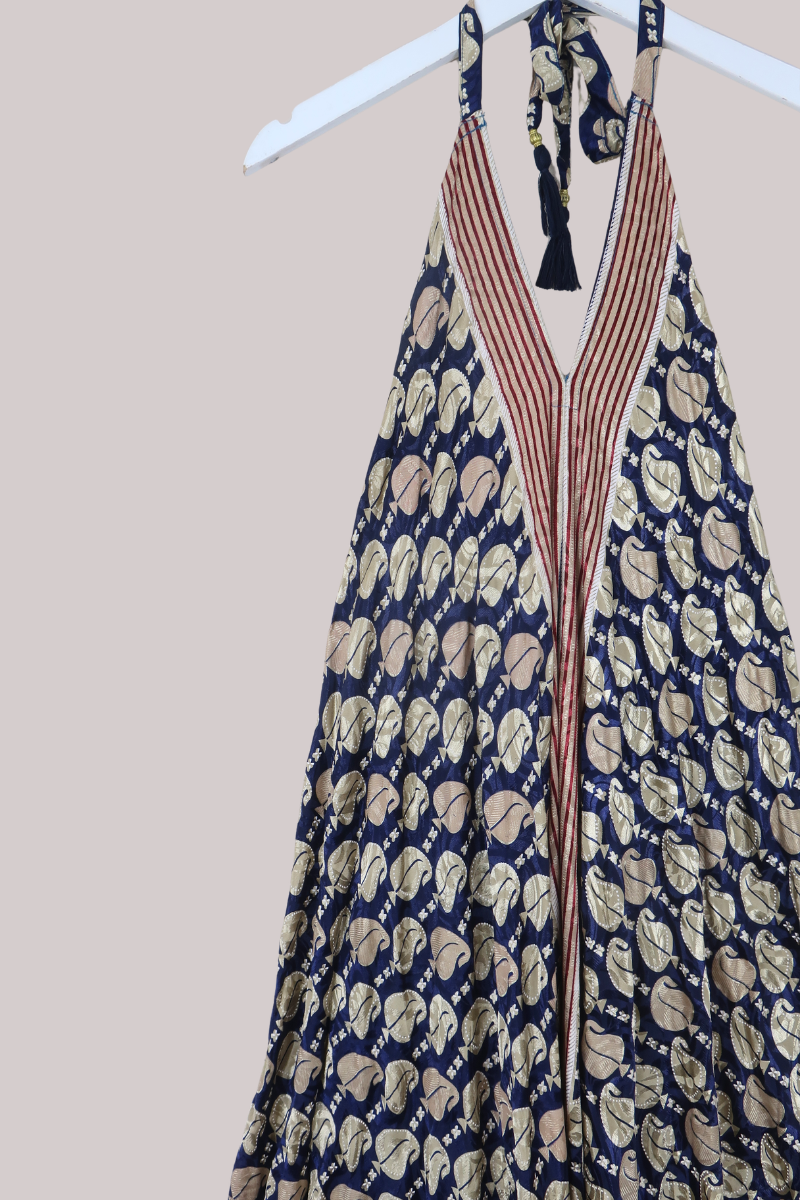 Athena Recycled Sari Maxi Dress in Champagne & Navy - Free Size M/L