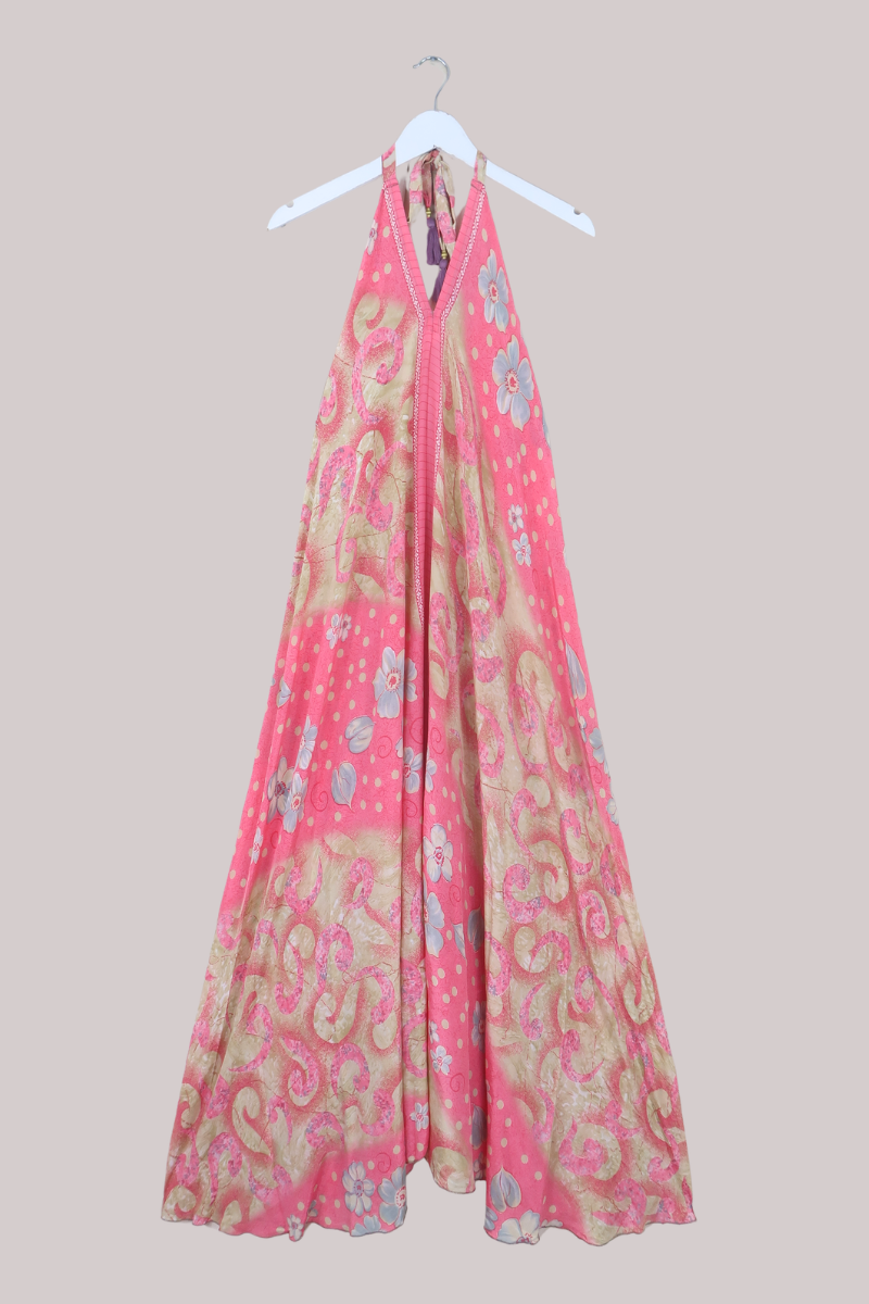 Athena Recycled Sari Maxi Dress in Candy Pink Florals - Free Size S/M