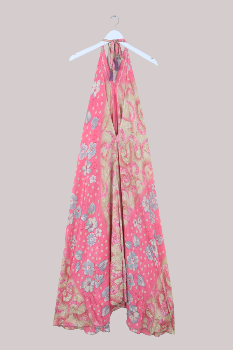 Athena Recycled Sari Maxi Dress in Candy Pink Florals - Free Size S/M