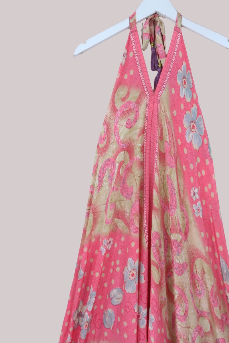 Athena Recycled Sari Maxi Dress in Candy Pink Florals - Free Size S/M