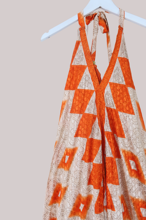 Athena Recycled Sari Maxi Dress in Tangerine Diamonds - Free Size M/L