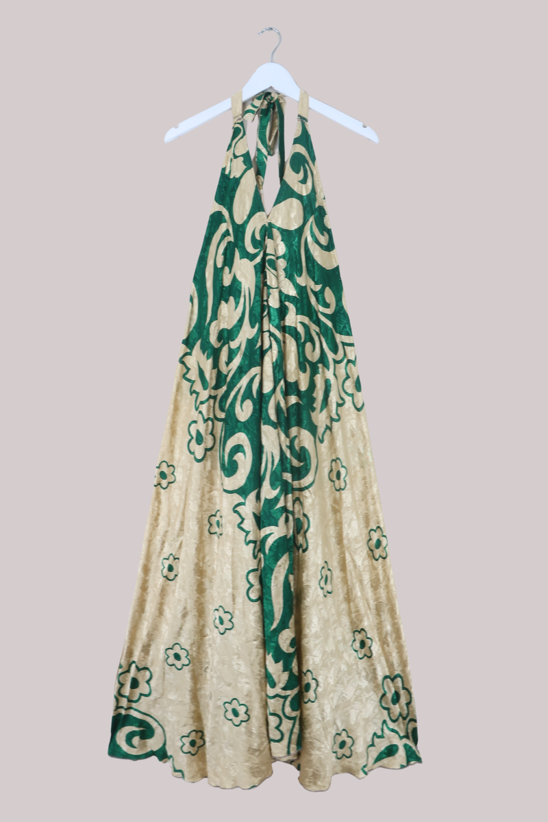 Athena Recycled Sari Maxi Dress in Clover & Gold - Free Size M/L