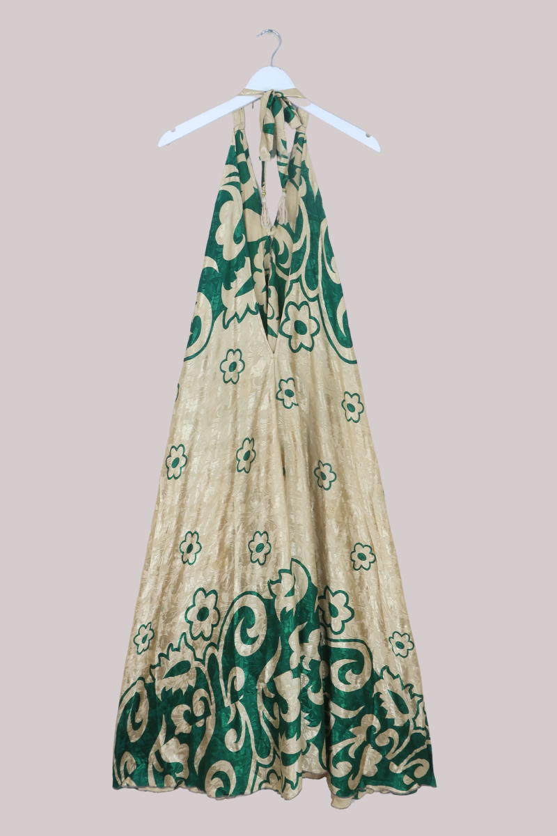 Athena Recycled Sari Maxi Dress in Clover & Gold - Free Size M/L