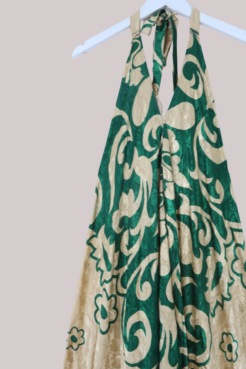 Athena Recycled Sari Maxi Dress in Clover & Gold - Free Size M/L