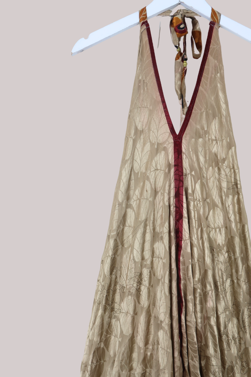 Athena Recycled Sari Maxi Dress in Gold Leaf - Free Size M/L