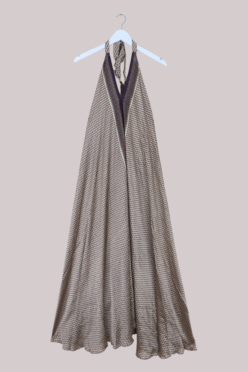 Athena Recycled Sari Maxi Dress in Plum Lotus Flowers - Free Size M/L