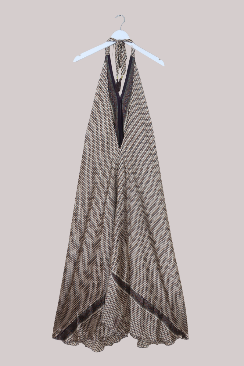 Athena Recycled Sari Maxi Dress in Plum Lotus Flowers - Free Size M/L