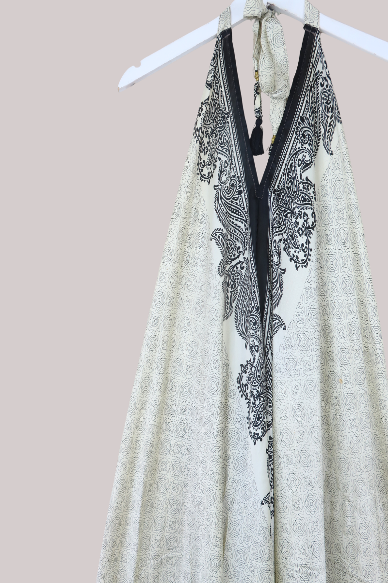 Athena Recycled Sari Maxi Dress in Ink Black Paisley - Free Size M/L