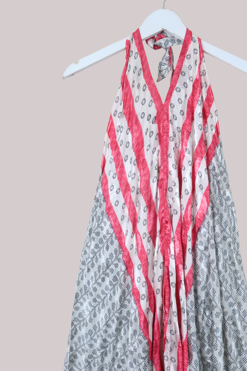 Athena Recycled Sari Maxi Dress in Coral Candy Stripe - Free Size S/M