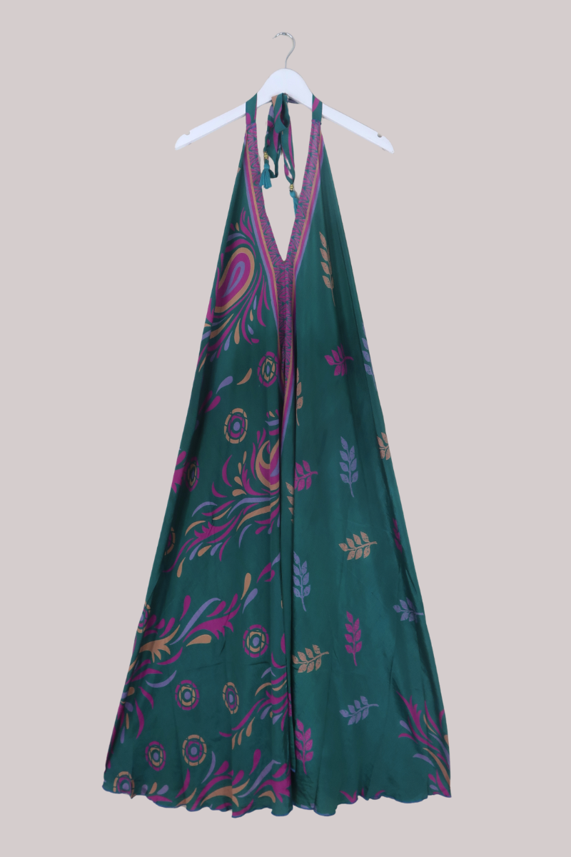 Athena Recycled Sari Maxi Dress in Swirling Green Paisley - Free Size M/L