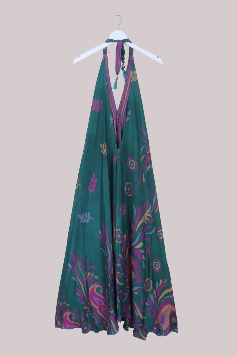 Athena Recycled Sari Maxi Dress in Swirling Green Paisley - Free Size M/L