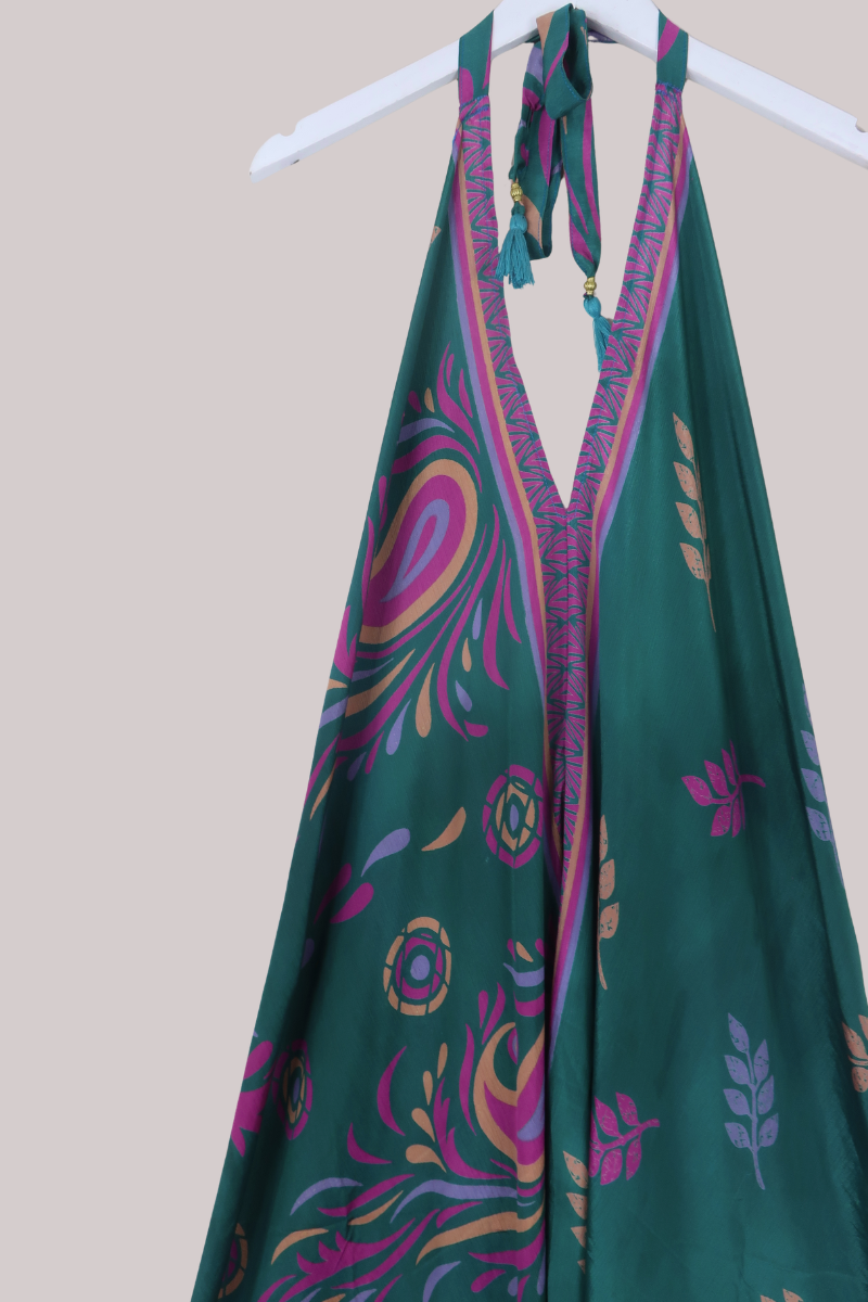 Athena Recycled Sari Maxi Dress in Swirling Green Paisley - Free Size M/L