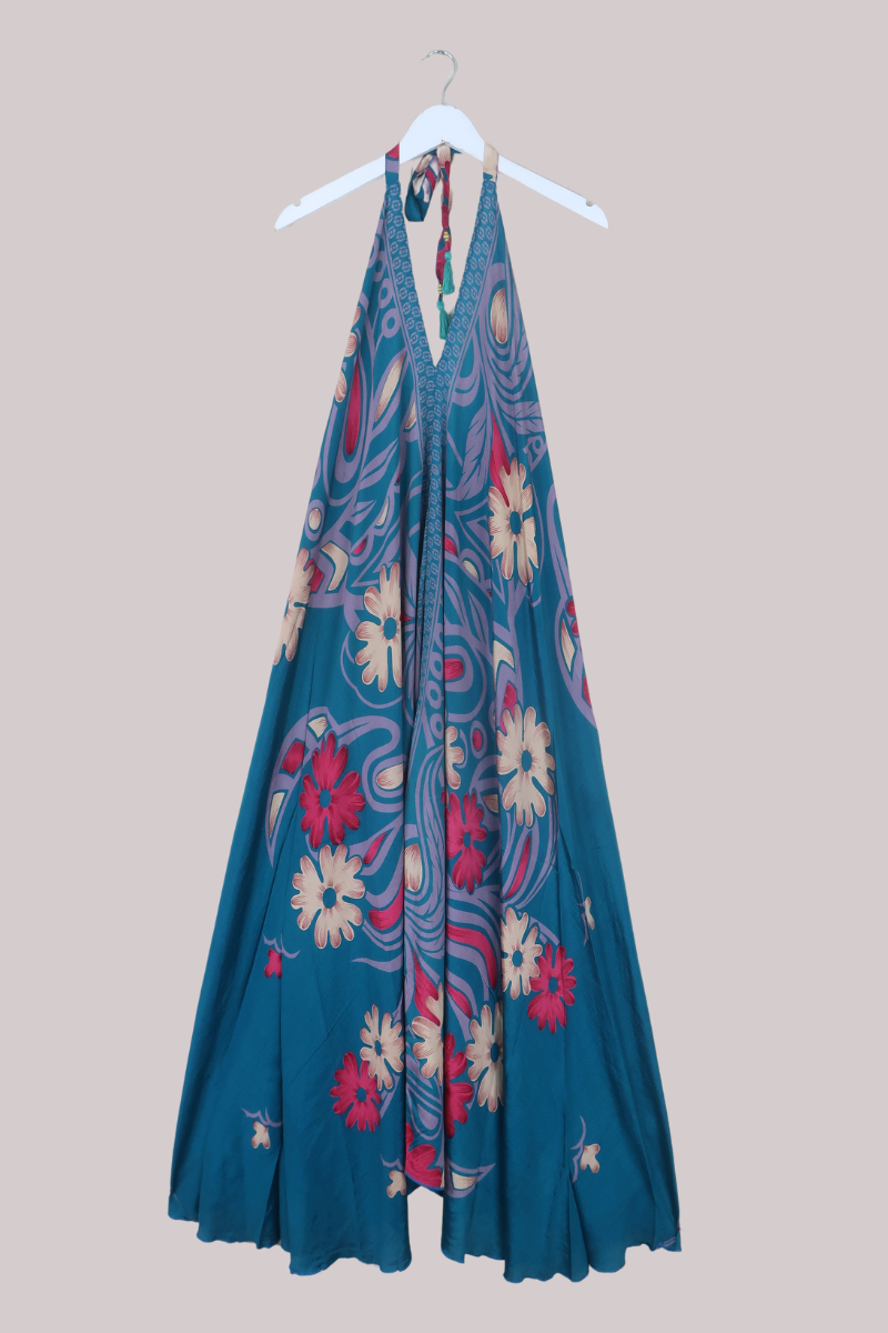 Athena Recycled Sari Maxi Dress in Deep Teal Lake Flowers - Free Size M/L