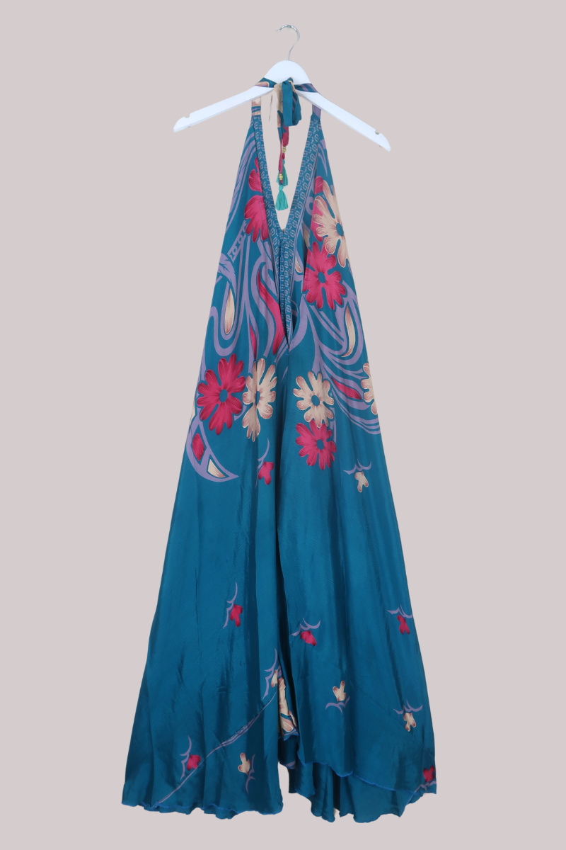 Athena Recycled Sari Maxi Dress in Deep Teal Lake Flowers - Free Size M/L