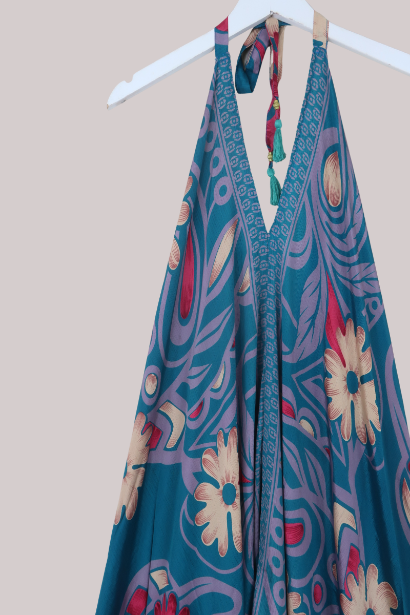 Athena Recycled Sari Maxi Dress in Deep Teal Lake Flowers - Free Size M/L