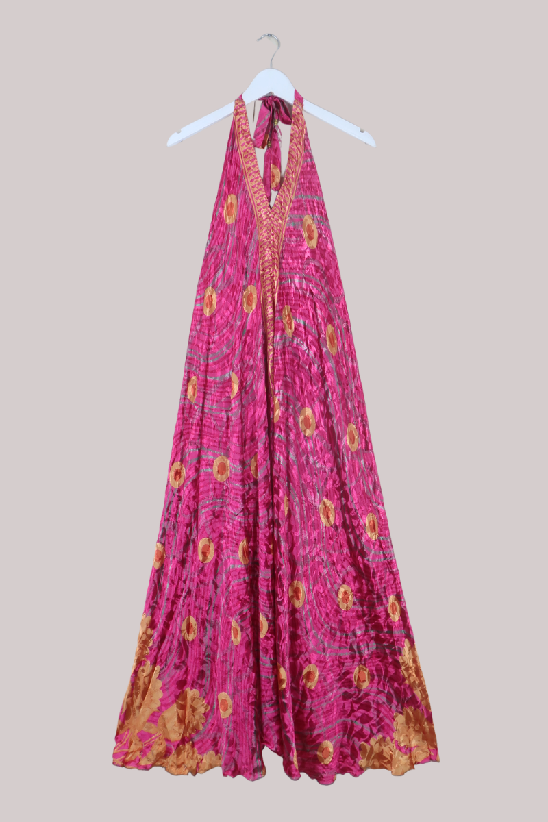 Athena Recycled Sari Maxi Dress in Magenta & Honey Gold - Free Size M/L