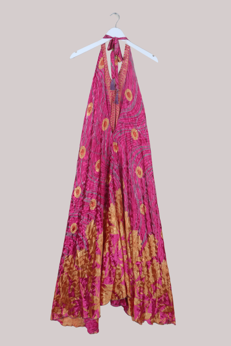 Athena Recycled Sari Maxi Dress in Magenta & Honey Gold - Free Size M/L