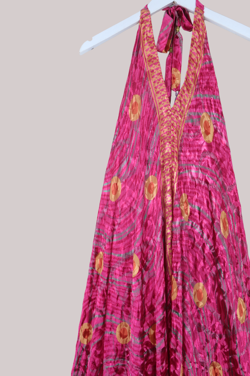 Athena Recycled Sari Maxi Dress in Magenta & Honey Gold - Free Size M/L