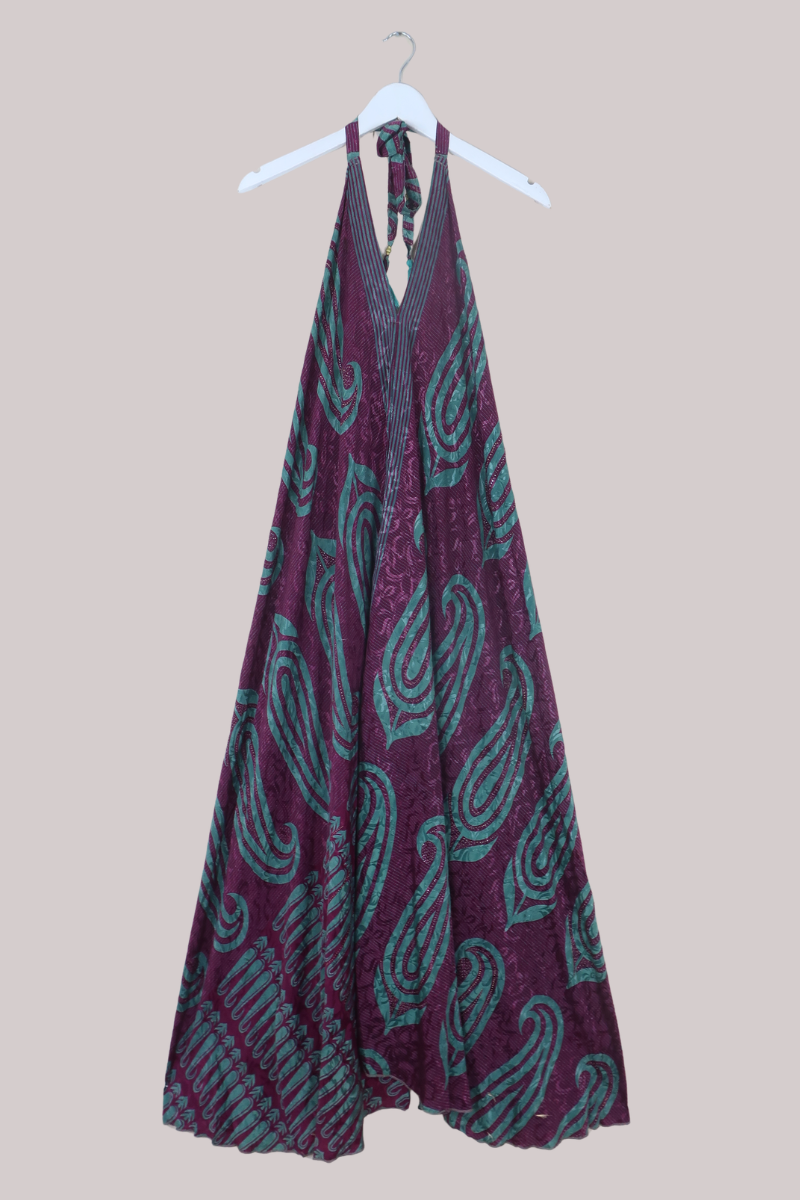 Athena Recycled Sari Maxi Dress in Plum Wine Paisley - Free Size M/L