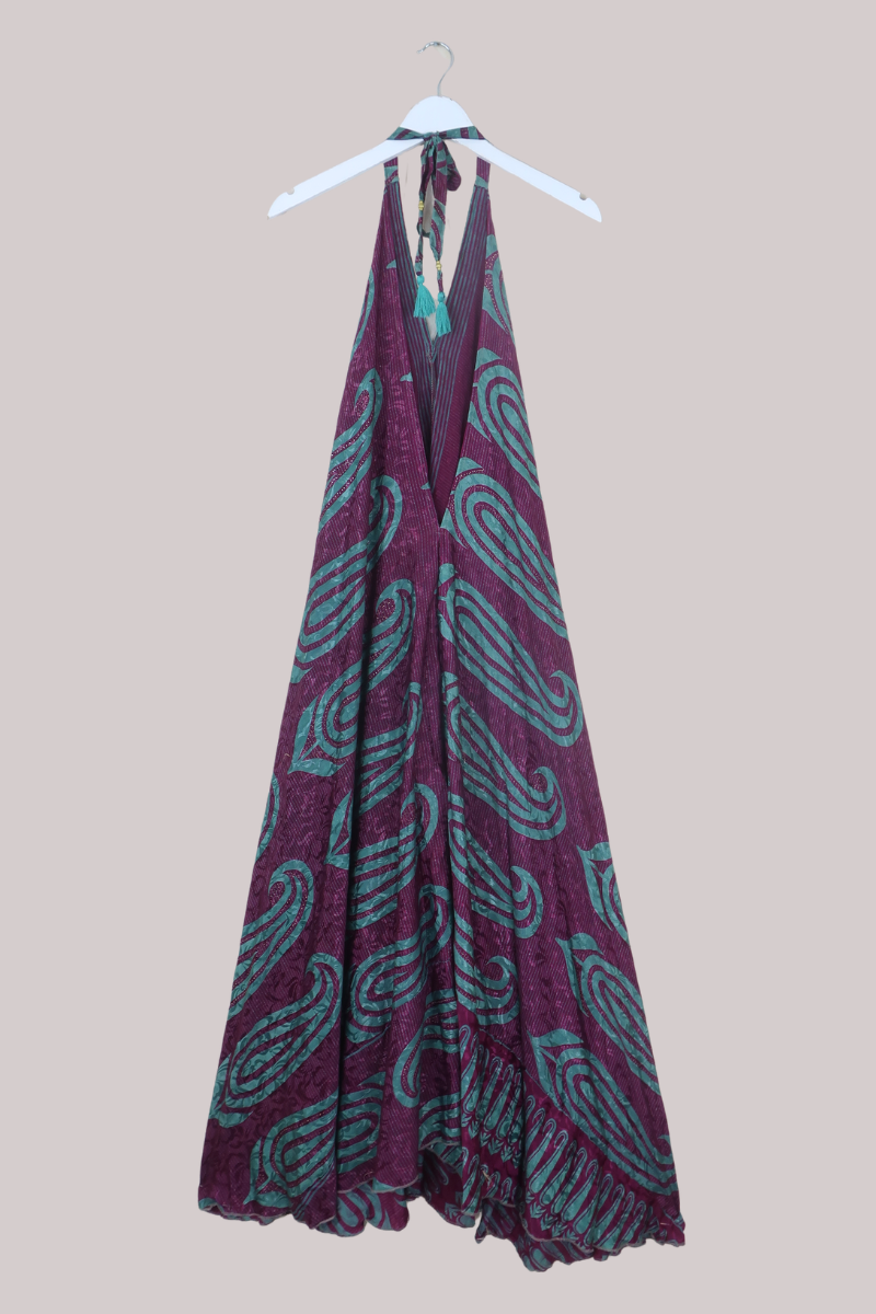 Athena Recycled Sari Maxi Dress in Plum Wine Paisley - Free Size M/L