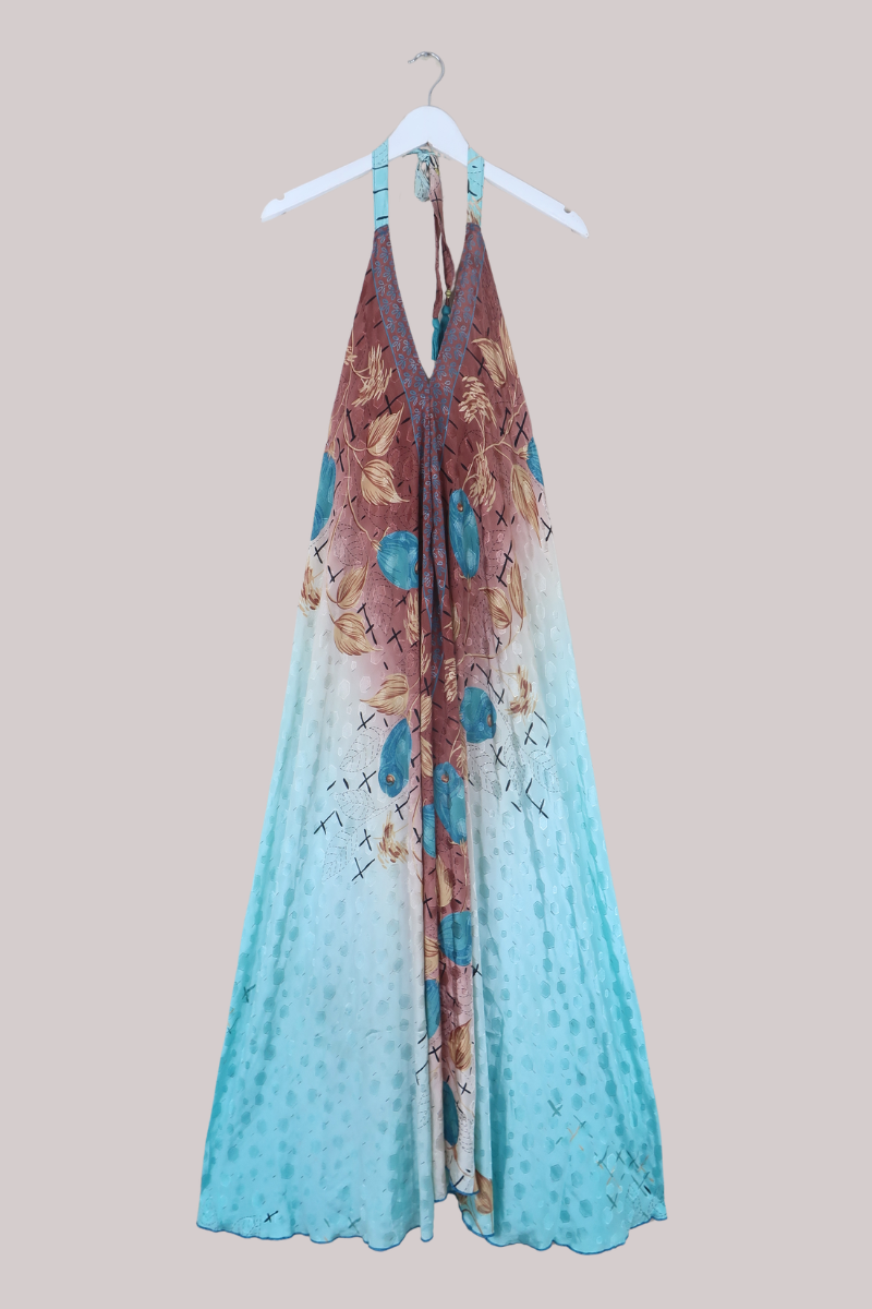 Athena Recycled Sari Maxi Dress in Crystal Blue Tulips - Free Size M/L