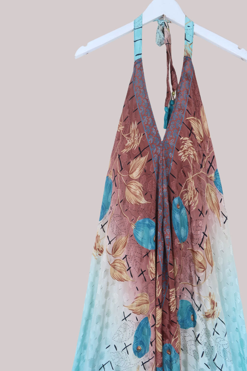 Athena Recycled Sari Maxi Dress in Crystal Blue Tulips - Free Size M/L