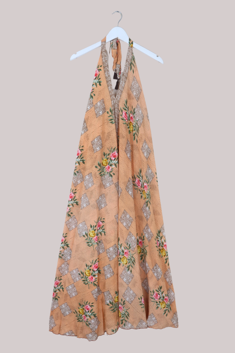 Athena Recycled Sari Maxi Dress in Peach Vintage Roses - Free Size M/L