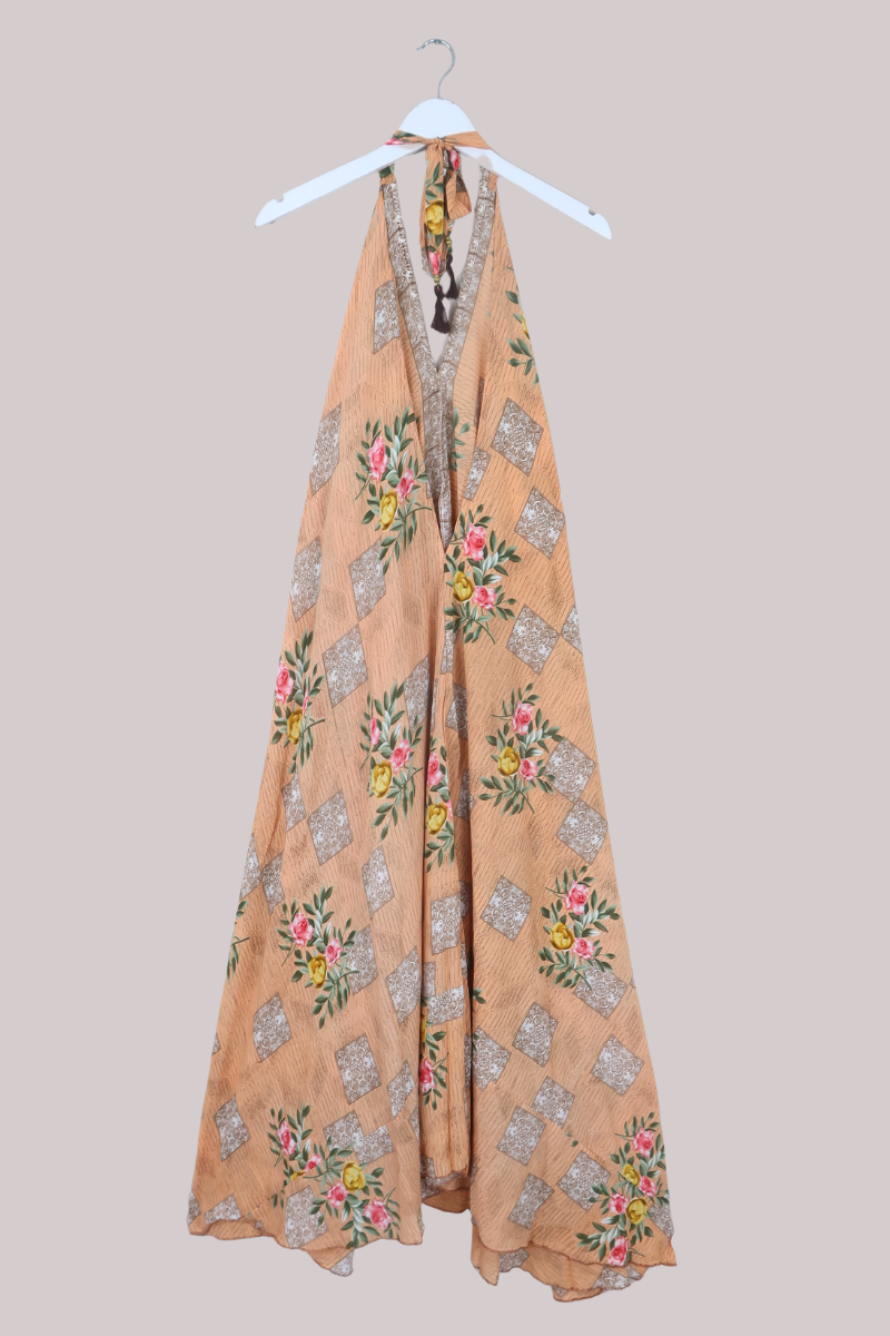 Athena Recycled Sari Maxi Dress in Peach Vintage Roses - Free Size M/L