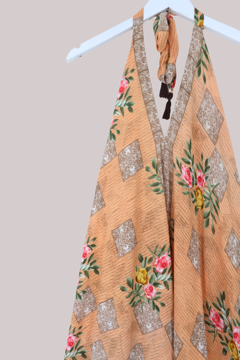 Athena Recycled Sari Maxi Dress in Peach Vintage Roses - Free Size M/L