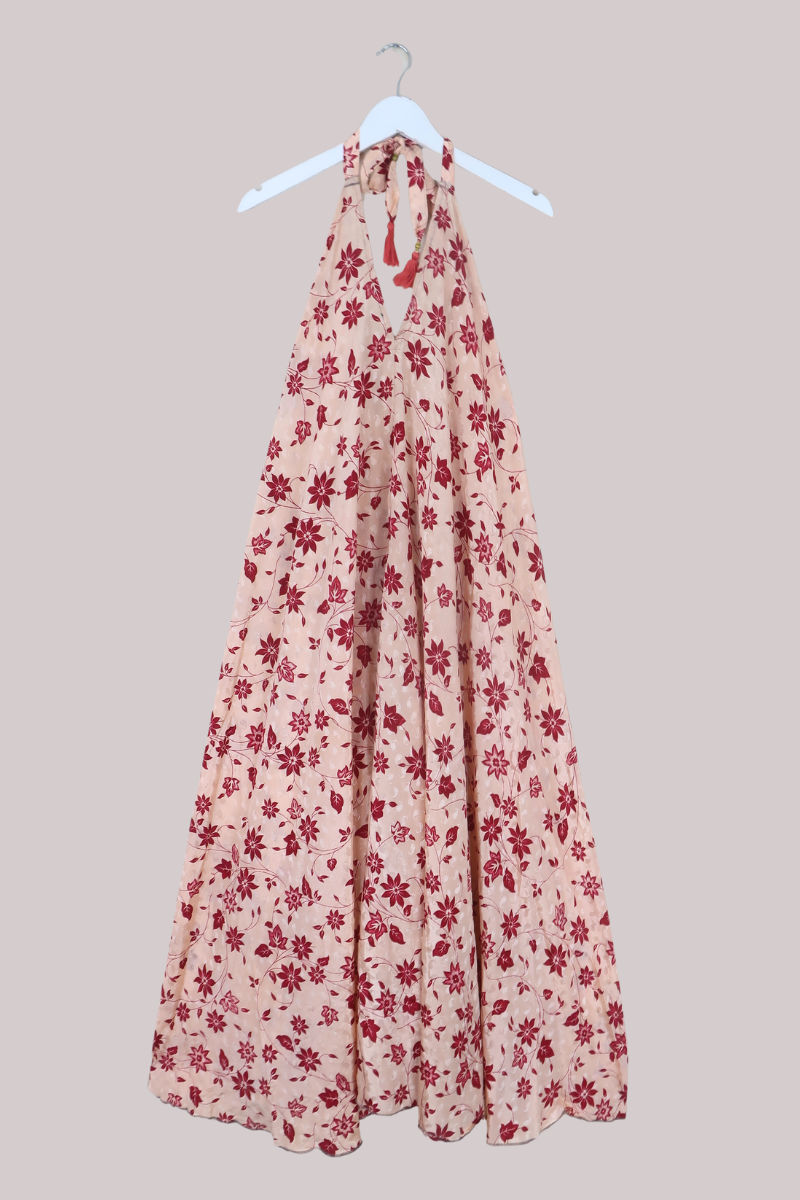 Athena Recycled Sari Maxi Dress in Cherry Red Sakura - Free Size L
