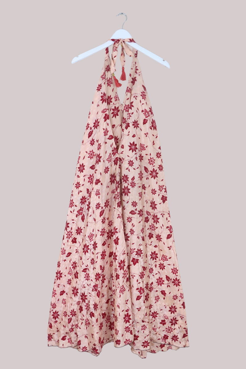 Athena Recycled Sari Maxi Dress in Cherry Red Sakura - Free Size L