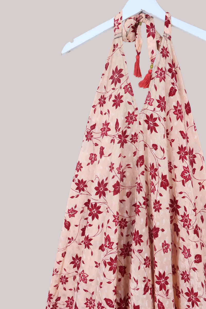 Athena Recycled Sari Maxi Dress in Cherry Red Sakura - Free Size L