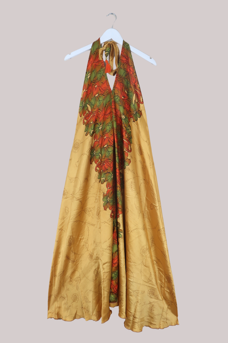 Athena Recycled Sari Maxi Dress in Golden Sunset Field - Free Size M/L