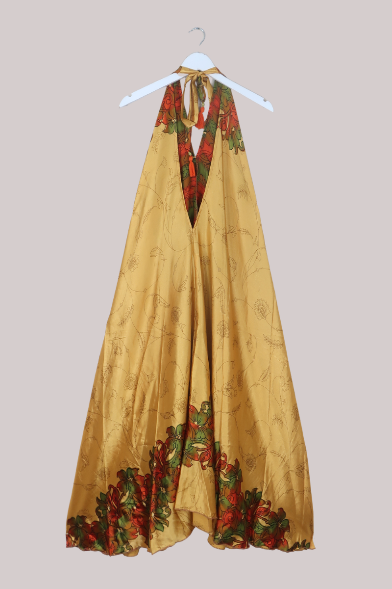 Athena Recycled Sari Maxi Dress in Golden Sunset Field - Free Size M/L